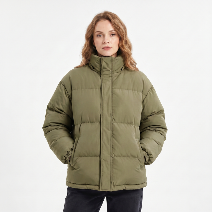 Women's Quilted Jacket – Oversized Puffer Stand Collar Concealed Zip