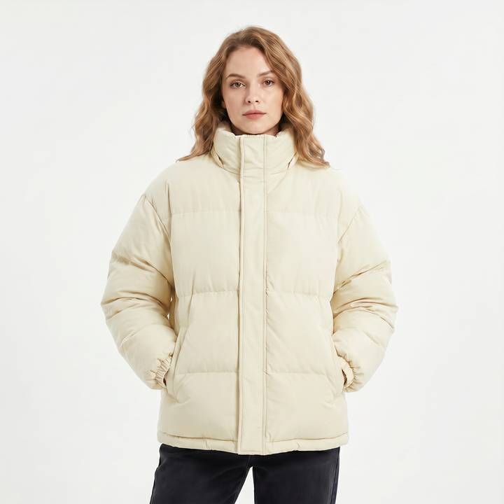 Women's Quilted Jacket – Oversized Puffer Stand Collar Concealed Zip