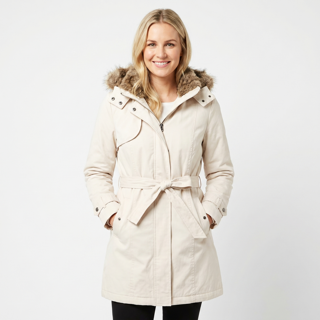 Women's Winter Coat – Parka Faux Fur Hood Belted Padded Midi Length