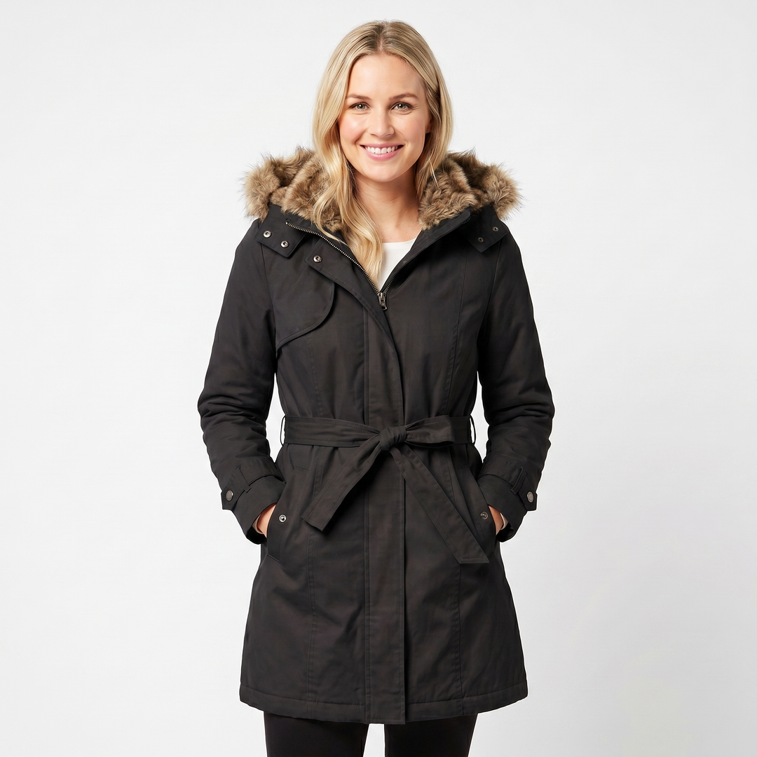 Women's Winter Coat – Parka Faux Fur Hood Belted Padded Midi Length