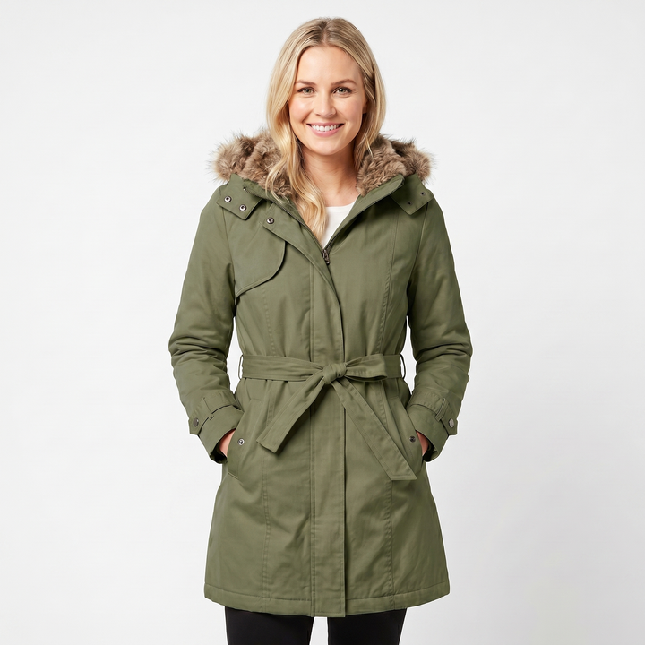 Women's Winter Coat – Parka Faux Fur Hood Belted Padded Midi Length