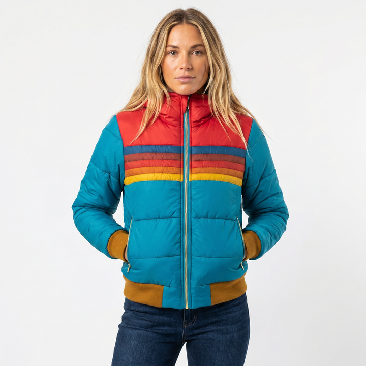 Women's Puffer Jacket – Retro Stripe Colourblock Hooded Ribbed Cuff