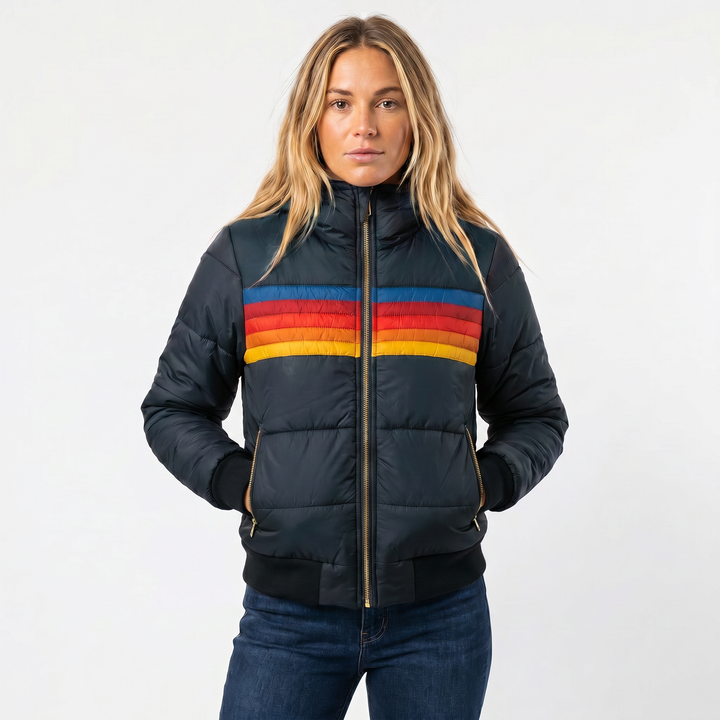 Women's Puffer Jacket – Retro Stripe Colourblock Hooded Ribbed Cuff