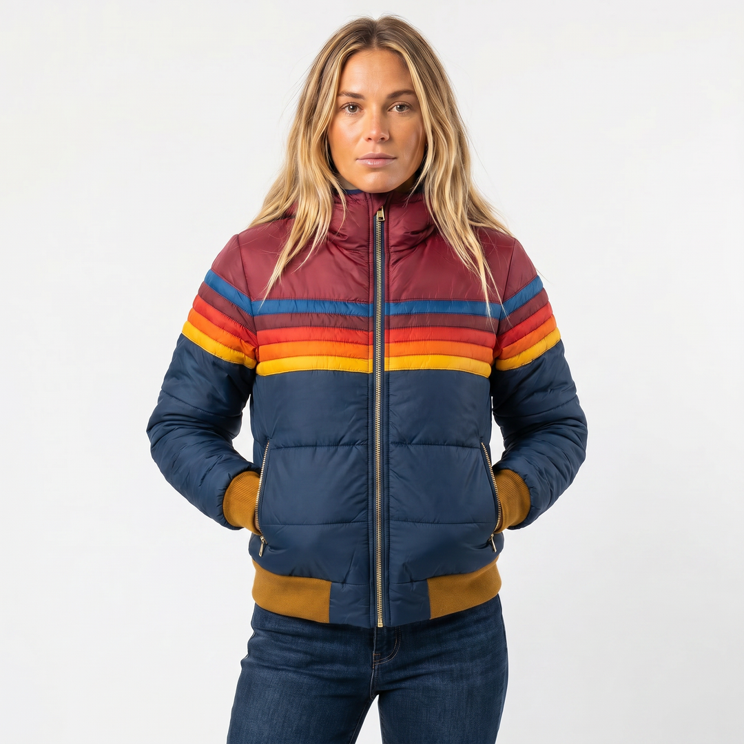 Women's Puffer Jacket – Retro Stripe Colourblock Hooded Ribbed Cuff