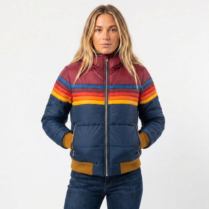 Women's Puffer Jacket – Retro Stripe Colourblock Hooded Ribbed Cuff