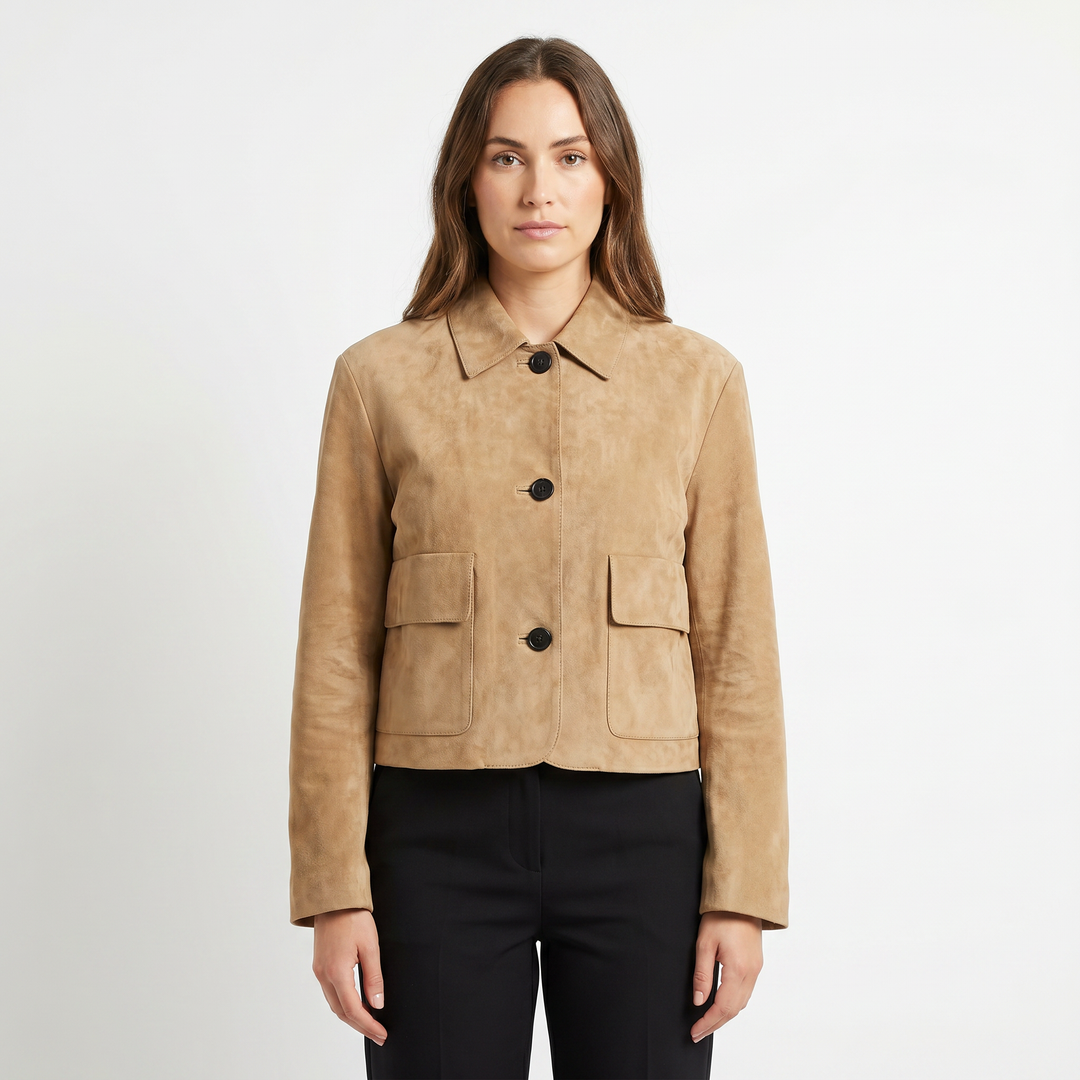Women's Suede Jacket – Chore Coat Shirt Collar Flap Pockets Button Front