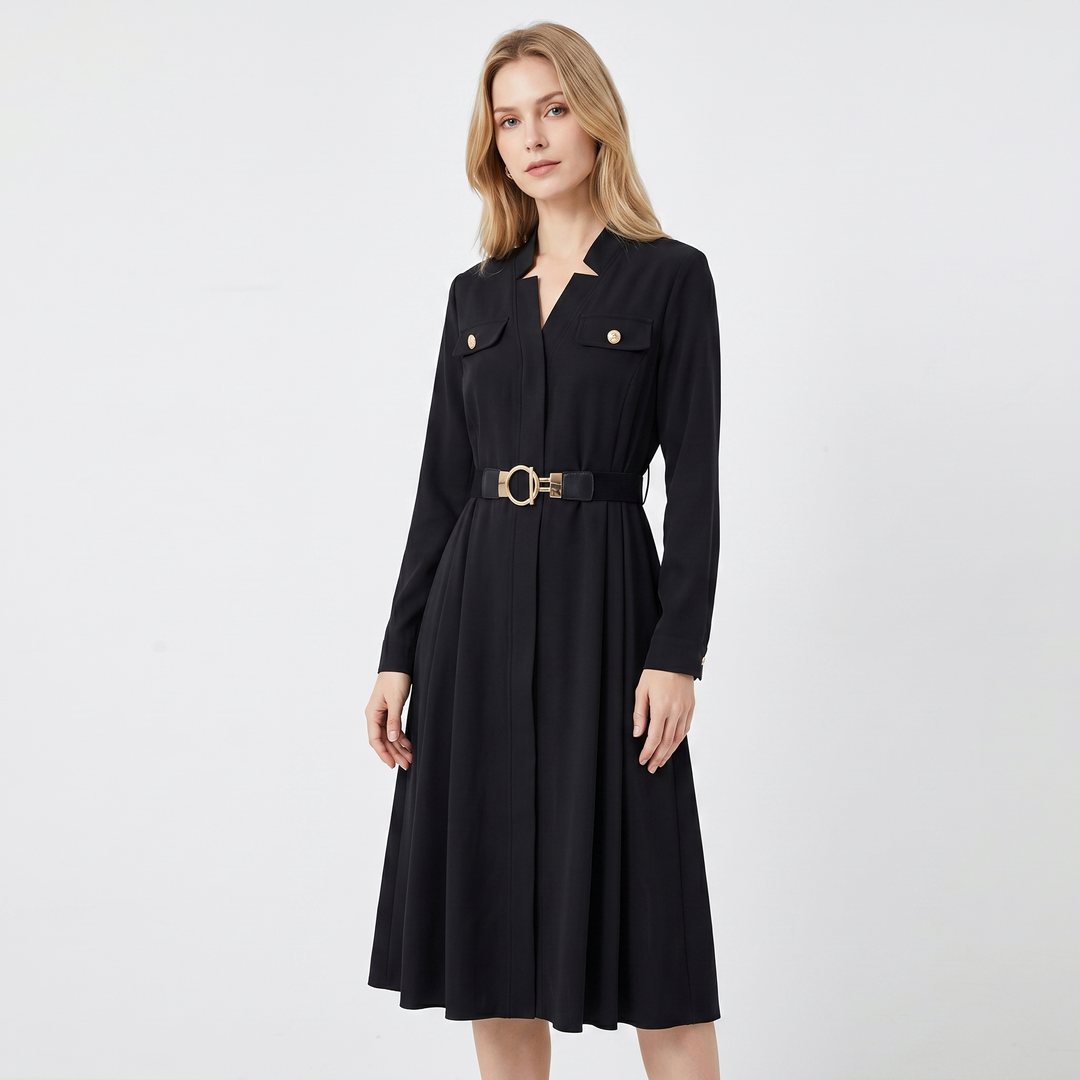 Women's Shirt Dress – Belted A-Line Midi Gold Hardware Pockets