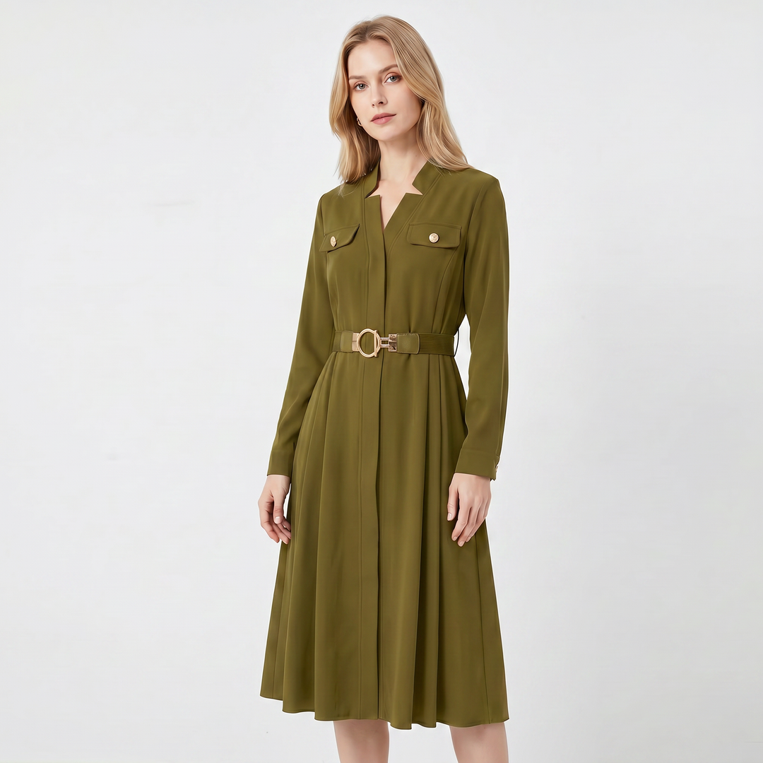 Women's Shirt Dress – Belted A-Line Midi Gold Hardware Pockets