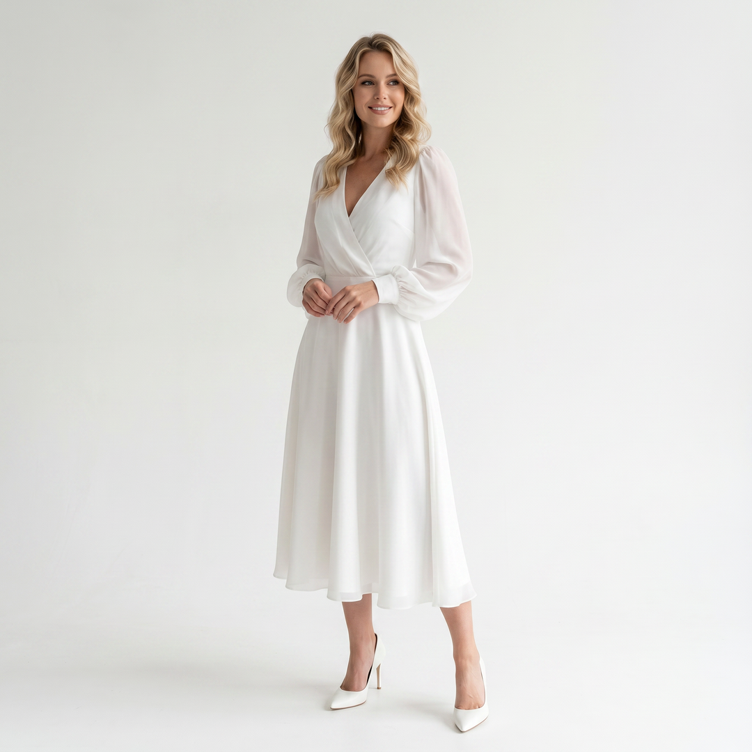 Women's White Long Sleeve Dress – Chiffon Puff Sleeve V-Neck Midi Bridal