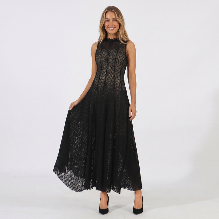 Women's Lace Dress – Geometric Chevron Maxi A-Line Mock Neck Sleeveless