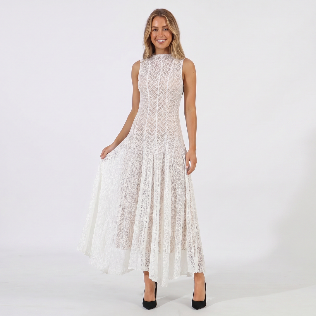 Women's Lace Dress – Geometric Chevron Maxi A-Line Mock Neck Sleeveless