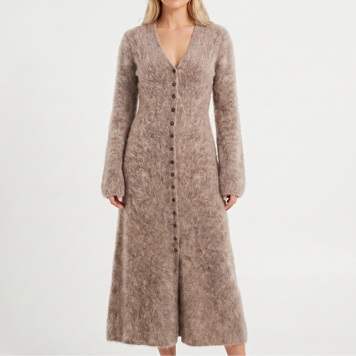 Women's Long Sleeve Midi Knit Fluffy V-Neck Dress