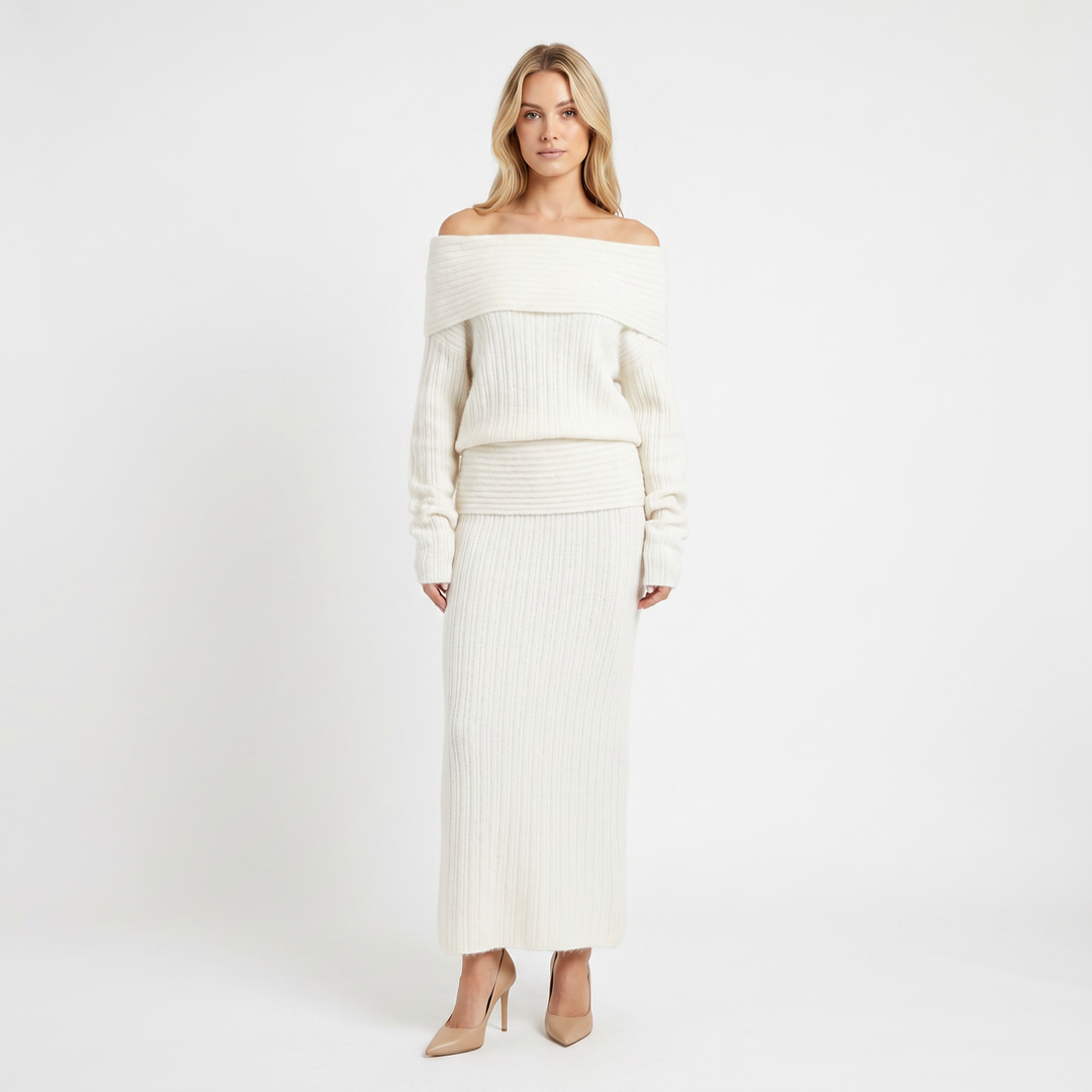 Women's Knit Co-Ord Set – Off-Shoulder Oversized Top Ribbed Column Skirt