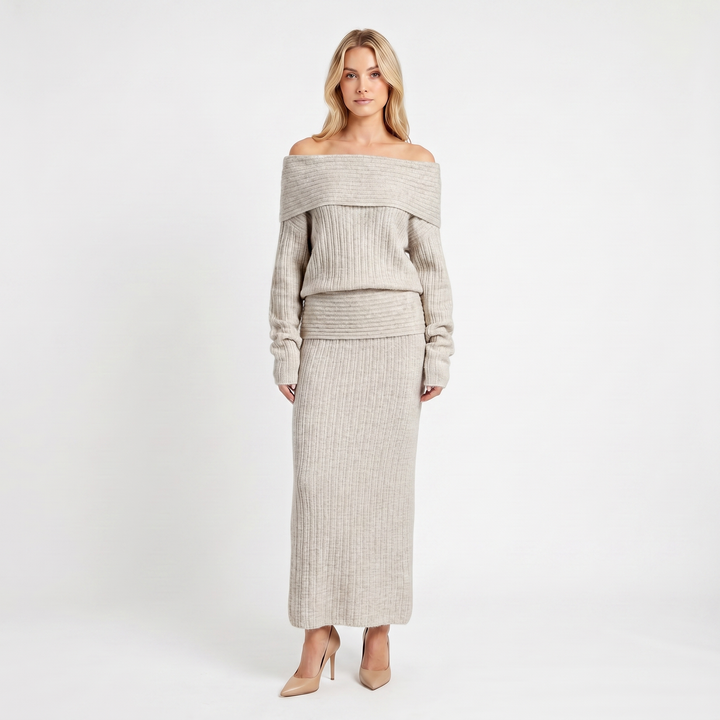 Women's Knit Co-Ord Set – Off-Shoulder Oversized Top Ribbed Column Skirt