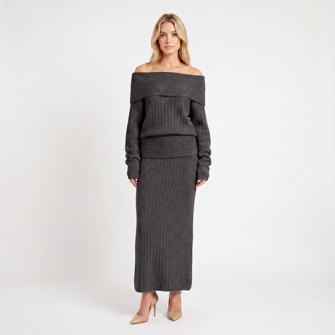 Women's Knit Co-Ord Set – Off-Shoulder Oversized Top Ribbed Column Skirt