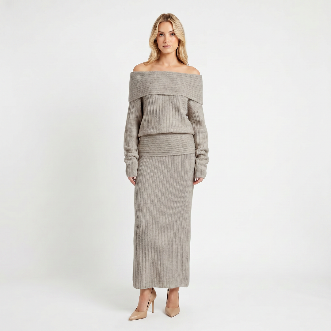 Women's Knit Co-Ord Set – Off-Shoulder Oversized Top Ribbed Column Skirt