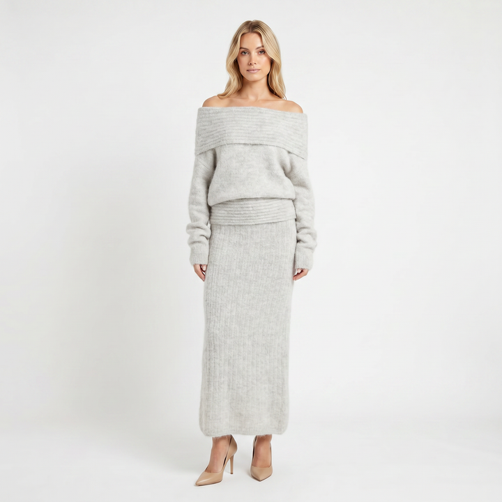 Women's Knit Co-Ord Set – Off-Shoulder Oversized Top Ribbed Column Skirt