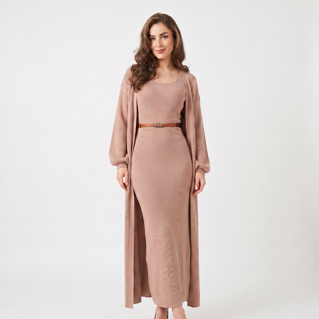 Women's Knit Dress Set – Ribbed Maxi Dress Longline Duster Cardigan Co-Ord