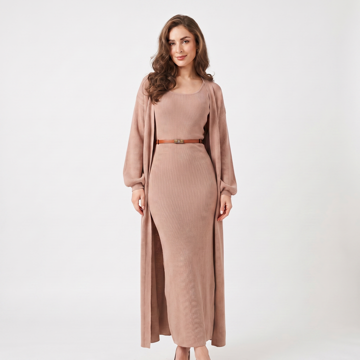 Women's Knit Dress Set – Ribbed Maxi Dress Longline Duster Cardigan Co-Ord