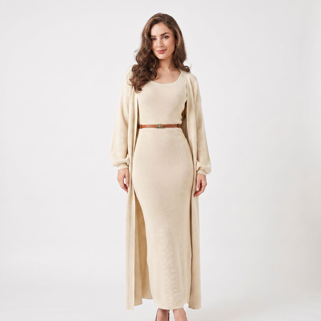 Women's Knit Dress Set – Ribbed Maxi Dress Longline Duster Cardigan Co-Ord