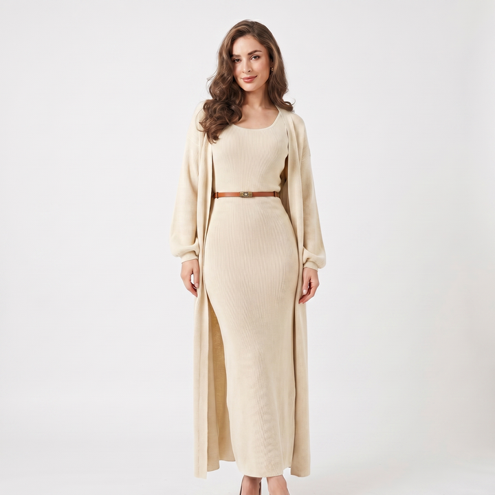 Women's Knit Dress Set – Ribbed Maxi Dress Longline Duster Cardigan Co-Ord