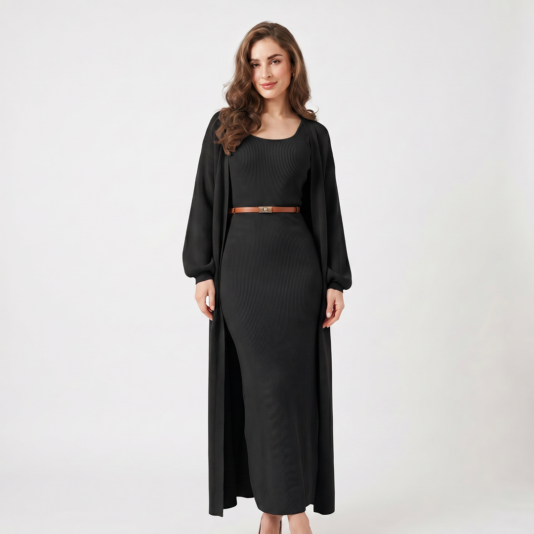 Women's Knit Dress Set – Ribbed Maxi Dress Longline Duster Cardigan Co-Ord