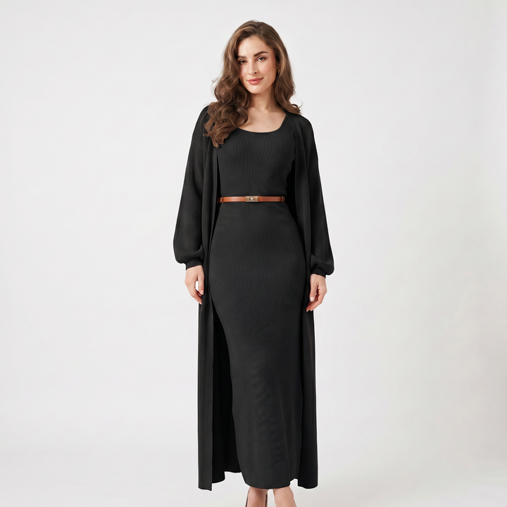 Women's Knit Dress Set – Ribbed Maxi Dress Longline Duster Cardigan Co-Ord