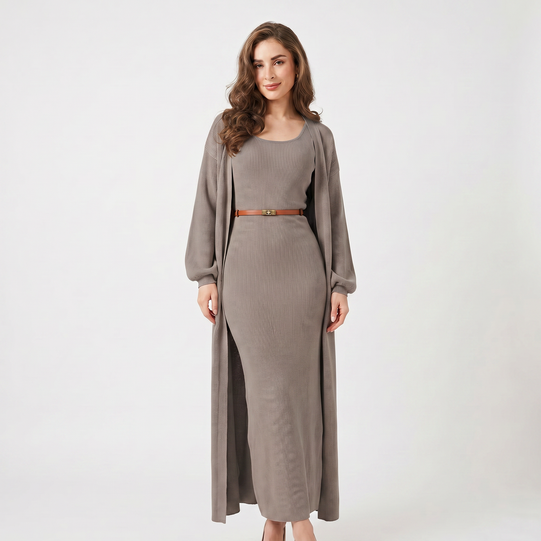 Women's Knit Dress Set – Ribbed Maxi Dress Longline Duster Cardigan Co-Ord