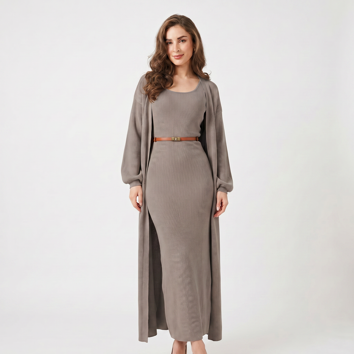 Women's Knit Dress Set – Ribbed Maxi Dress Longline Duster Cardigan Co-Ord