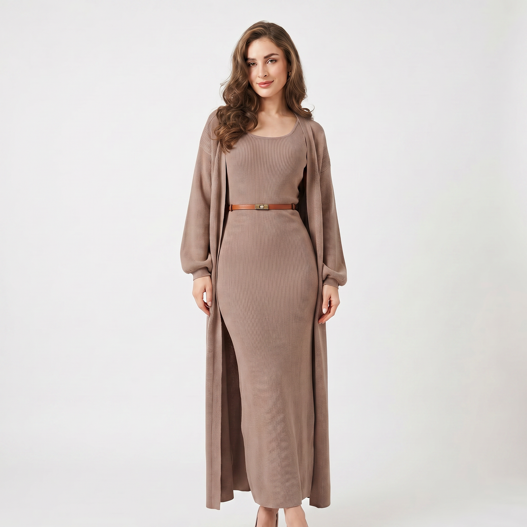 Women's Knit Dress Set – Ribbed Maxi Dress Longline Duster Cardigan Co-Ord
