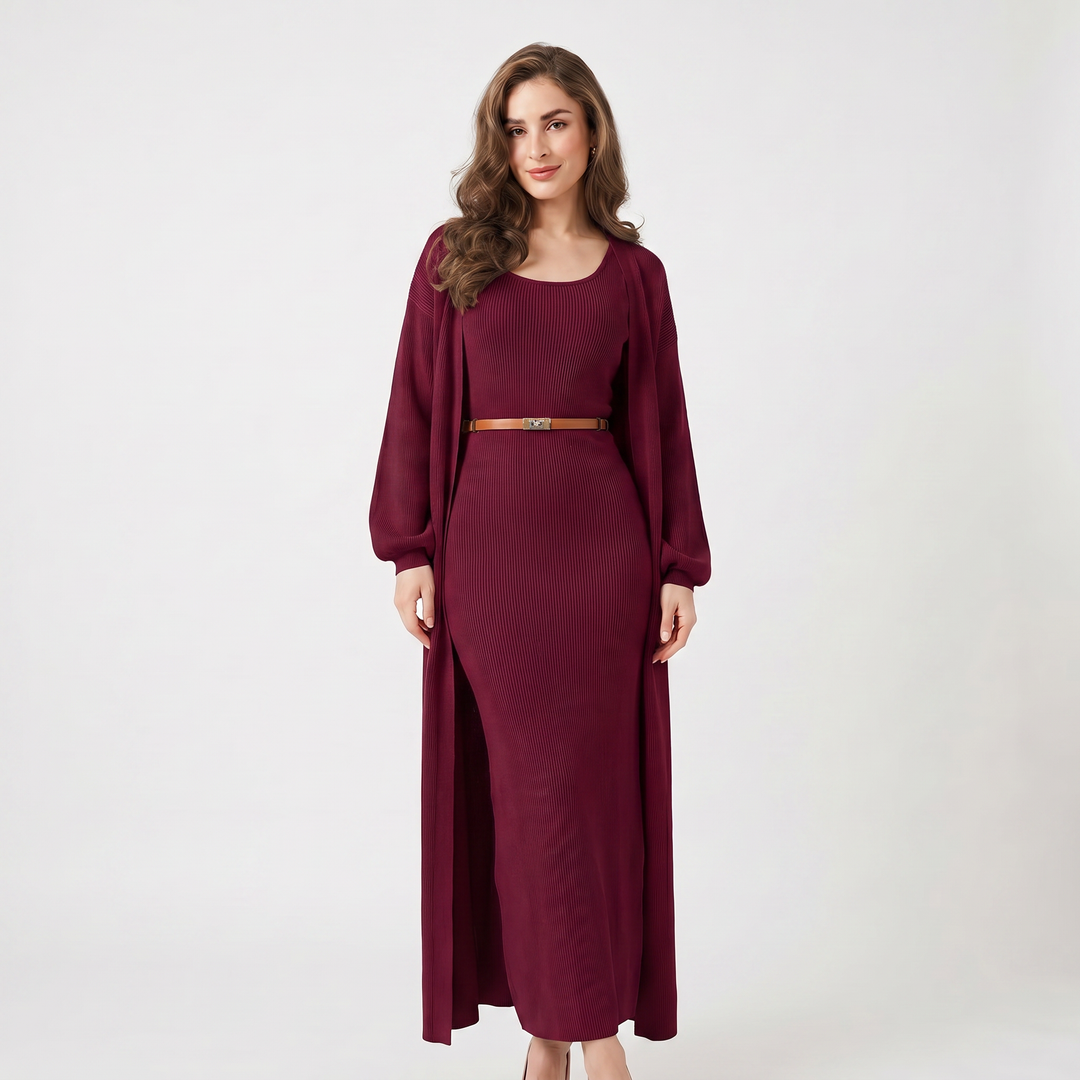 Women's Knit Dress Set – Ribbed Maxi Dress Longline Duster Cardigan Co-Ord