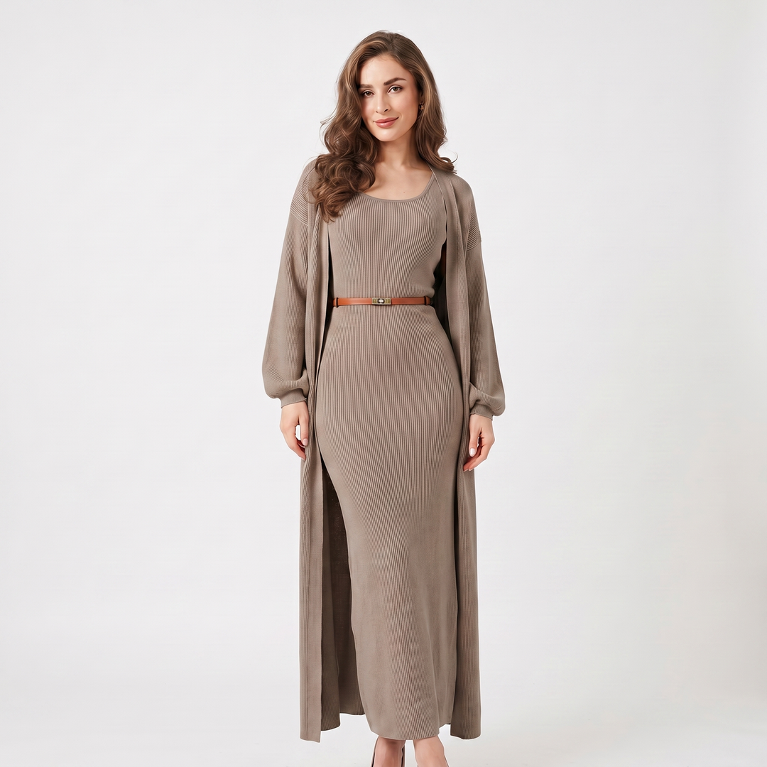 Women's Knit Dress Set – Ribbed Maxi Dress Longline Duster Cardigan Co-Ord