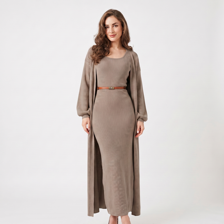 Women's Knit Dress Set – Ribbed Maxi Dress Longline Duster Cardigan Co-Ord