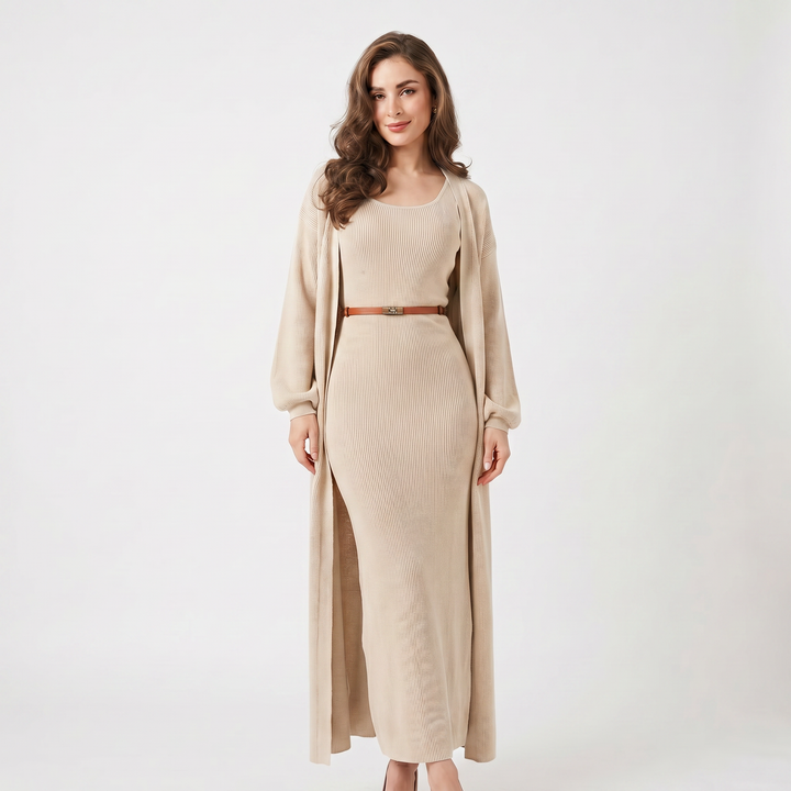 Women's Knit Dress Set – Ribbed Maxi Dress Longline Duster Cardigan Co-Ord