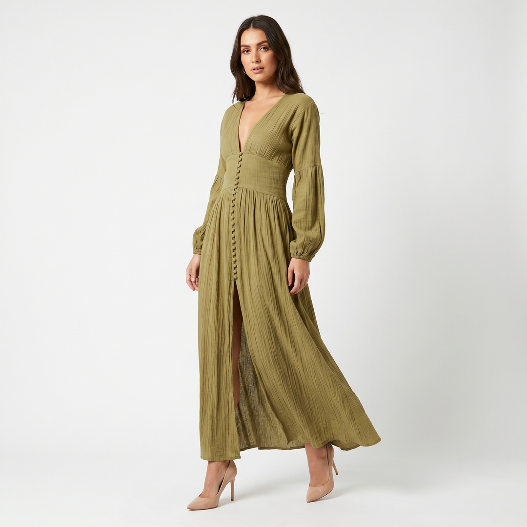 Women's Maxi Dress – Cheesecloth Button-Through Deep V Bishop Sleeve Boho