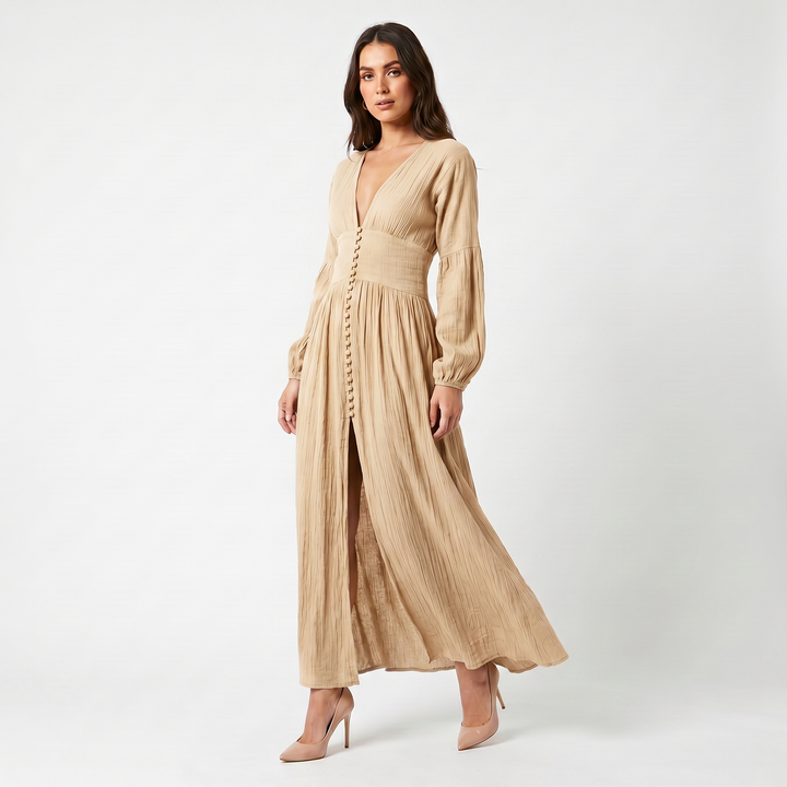 Women's Maxi Dress – Cheesecloth Button-Through Deep V Bishop Sleeve Boho
