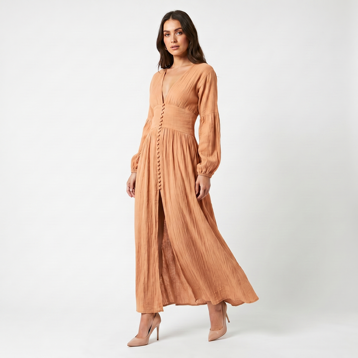 Women's Maxi Dress – Cheesecloth Button-Through Deep V Bishop Sleeve Boho