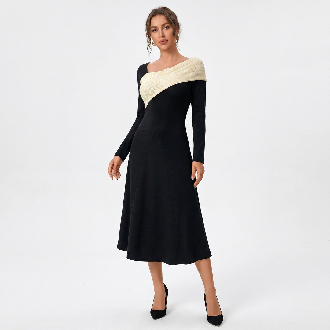 Women's Long Sleeve Maxi Knit Dress – Contrast Cable-Knit Cowl Panel