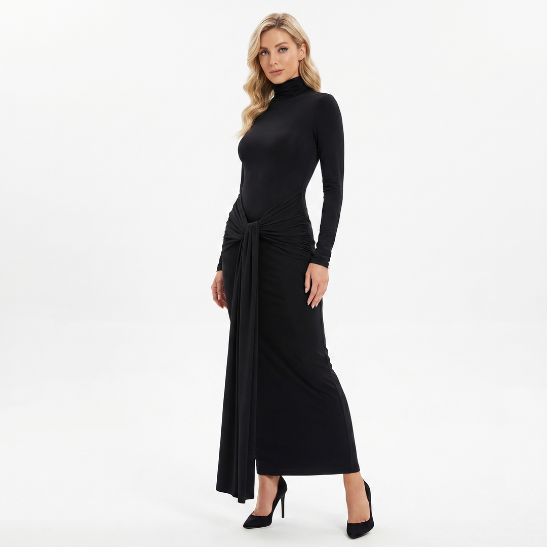 Women's Winter Maxi Dress – Turtleneck Knotted Waist Jersey