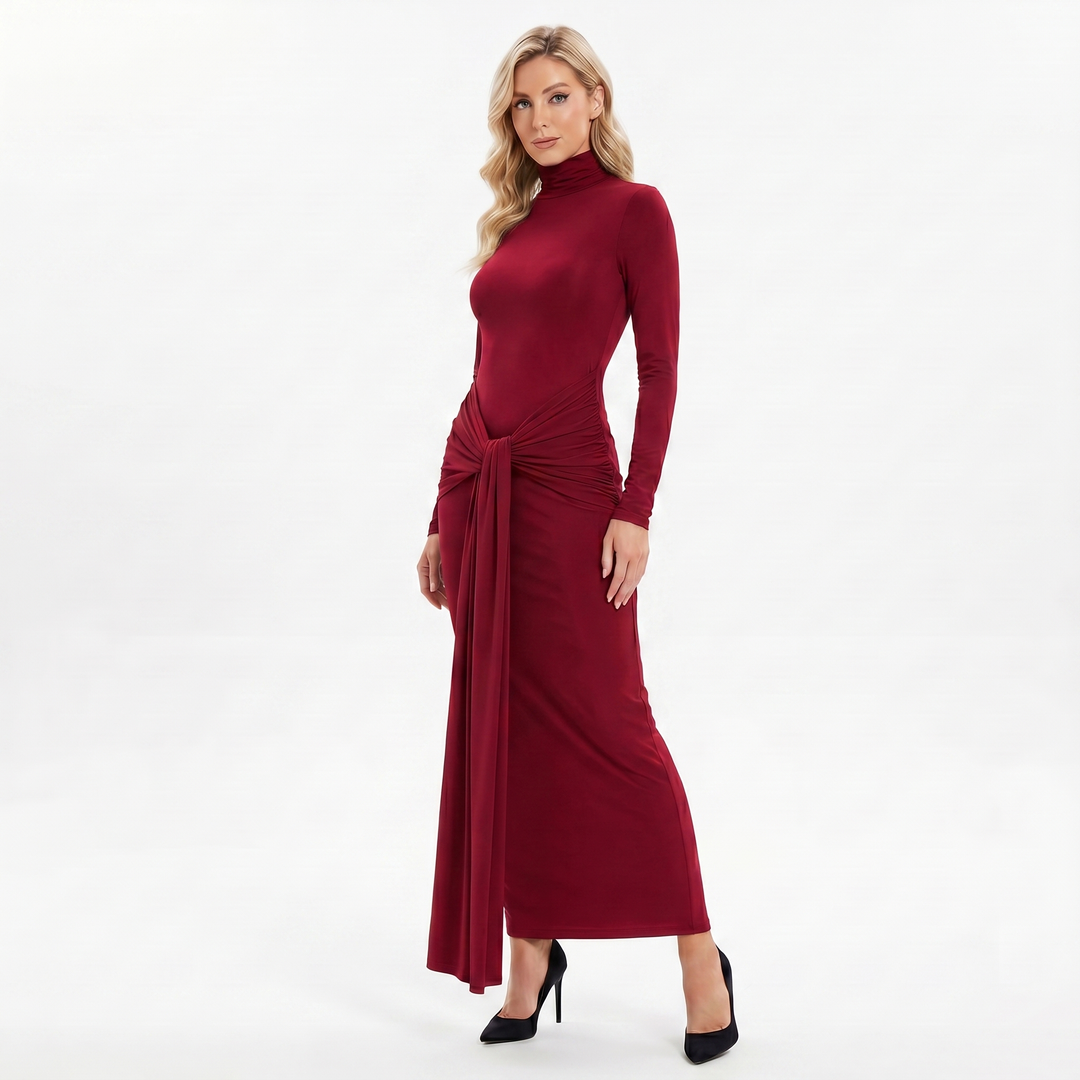 Women's Winter Maxi Dress – Turtleneck Knotted Waist Jersey