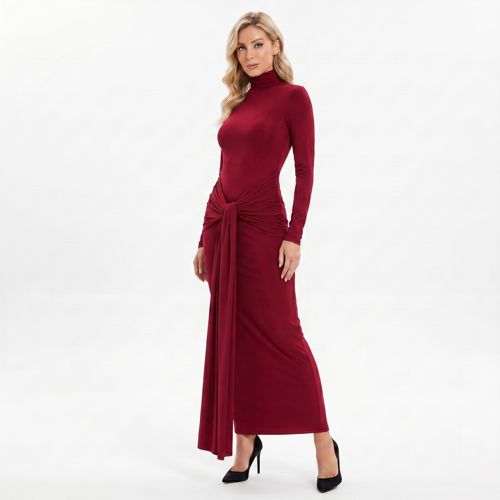 Women's Winter Maxi Dress – Turtleneck Knotted Waist Jersey