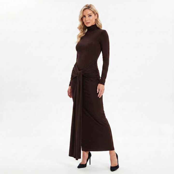 Women's Winter Maxi Dress – Turtleneck Knotted Waist Jersey