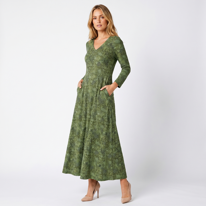 Women's Full Sleeves Winter Dress – V-Neck Floral Jacquard A-Line Maxi