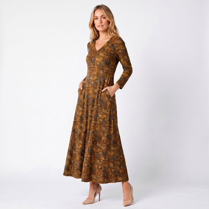 Women's Full Sleeves Winter Dress – V-Neck Floral Jacquard A-Line Maxi