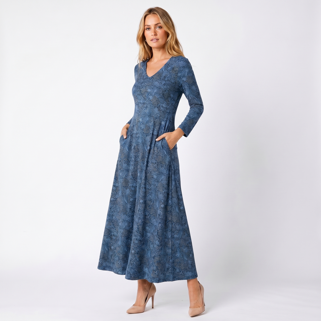 Women's Full Sleeves Winter Dress – V-Neck Floral Jacquard A-Line Maxi