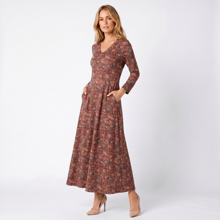 Women's Full Sleeves Winter Dress – V-Neck Floral Jacquard A-Line Maxi