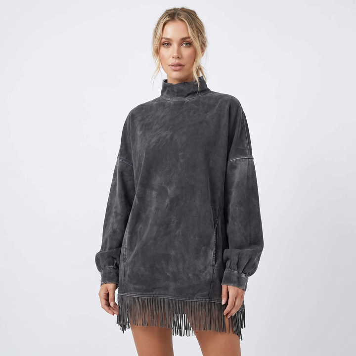 Women's Oversized Sweater Dress – Acid Wash Fringe Hem Mock Neck
