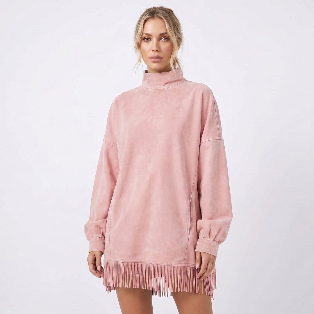 Women's Oversized Sweater Dress – Acid Wash Fringe Hem Mock Neck