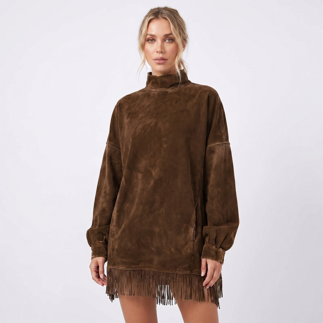 Women's Oversized Sweater Dress – Acid Wash Fringe Hem Mock Neck