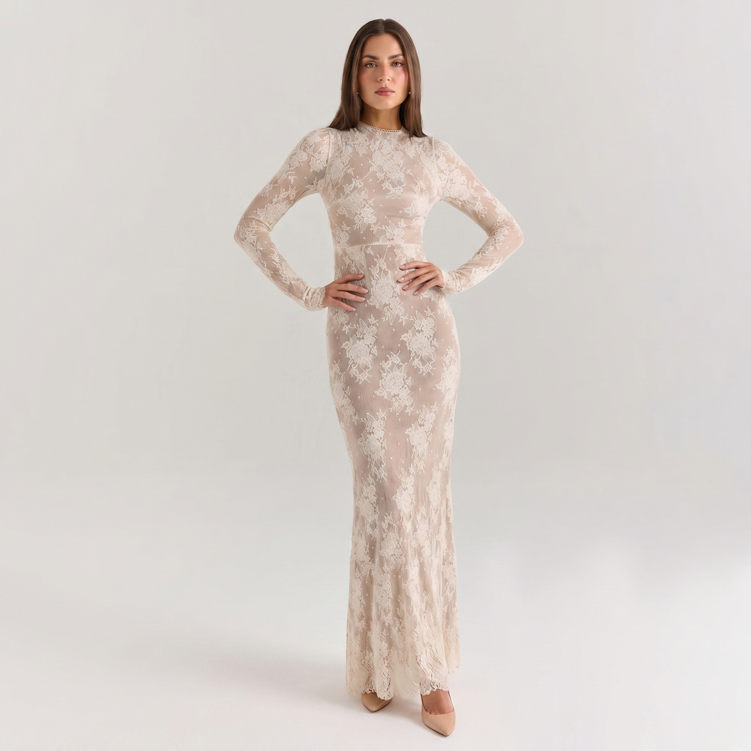 Women's Long Sleeve Winter Dress – Floral Lace High Neck Floor-Length Gown